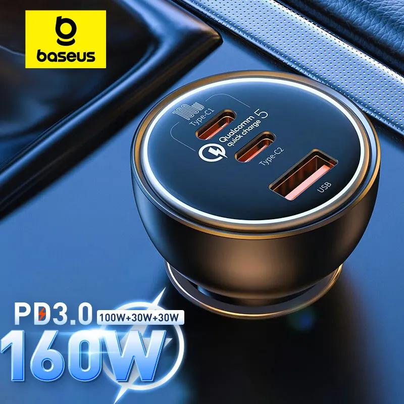 Baseus 160W chargeur de voiture QC 5.0 Charge rapide avec USB double Type C pour IPhone 15 14 13 12 