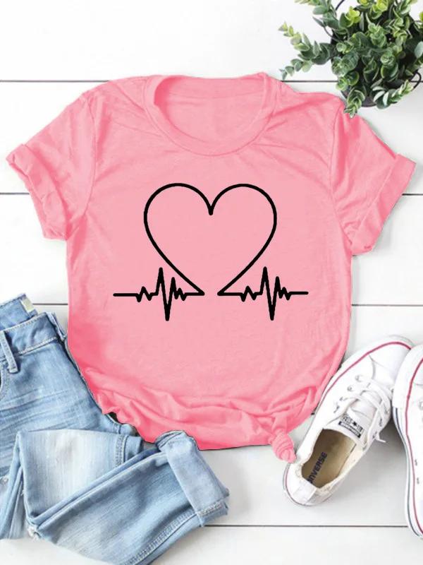T-shirt à manches courtes et col rond pour femme, électrocardiogramme, imprimé cœur, t-shirt pour fe