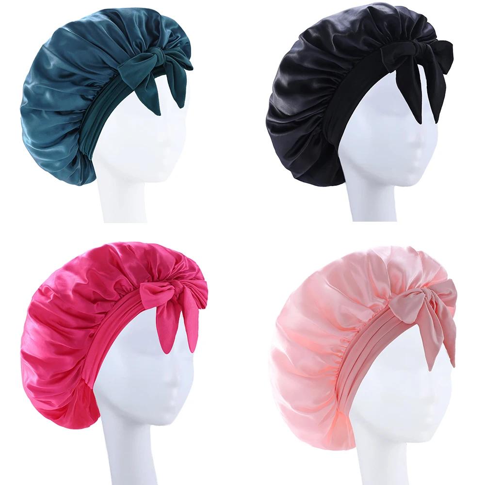 Chapeau en soie avec nœud pour femmes, grand Bonnet de soins pour cheveux longs et bouclés, Double c
