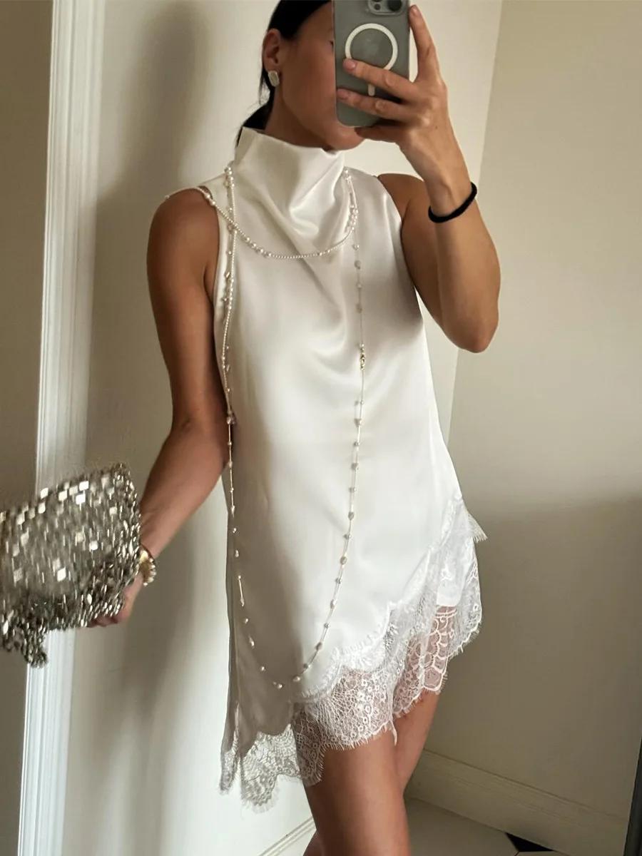 Robe Courte d'Été 2026 pour Femme en Satin à Col Montant, Silhouette Irrégulière, avec Bordure en De