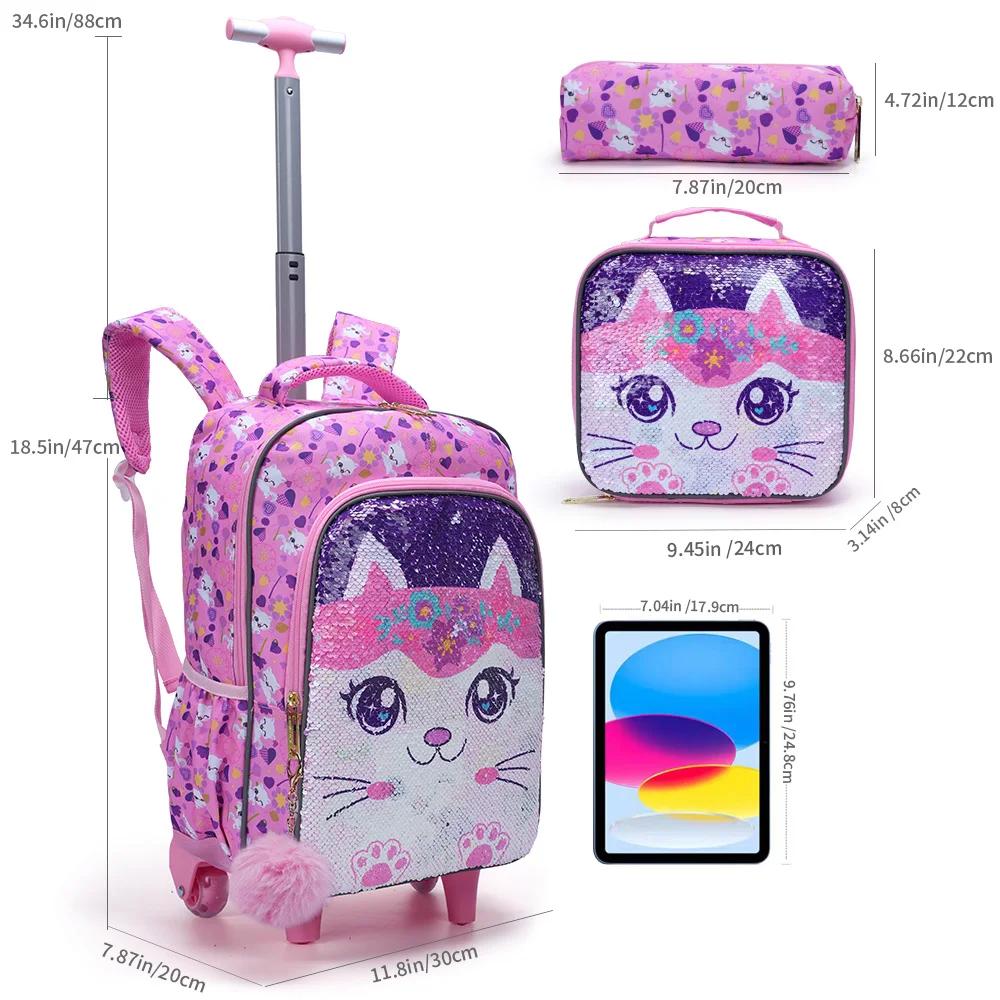 Ensemble de 3 sacs à dos roulants pour filles, sac à livres à roulettes à paillettes de chat de dess