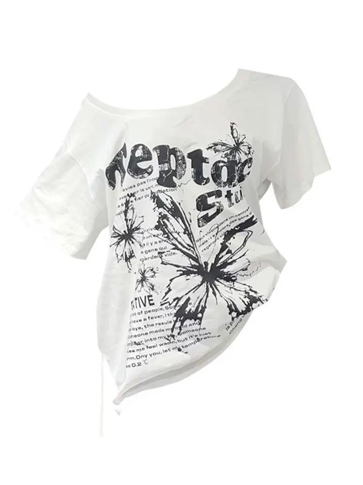 White 100% Cotton Y2k Vintage Oversize Off shoulder Short sleeve T shirt With Print Women Casual Sum