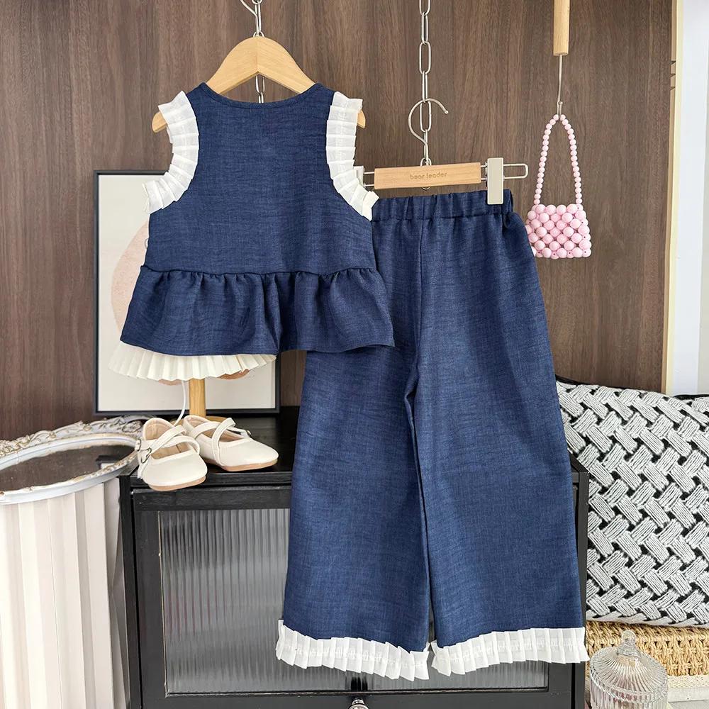 Costume denim imitation bleu fille Bear Leader version coréenne - Ensemble 2 pièces été sans manches jambes larges