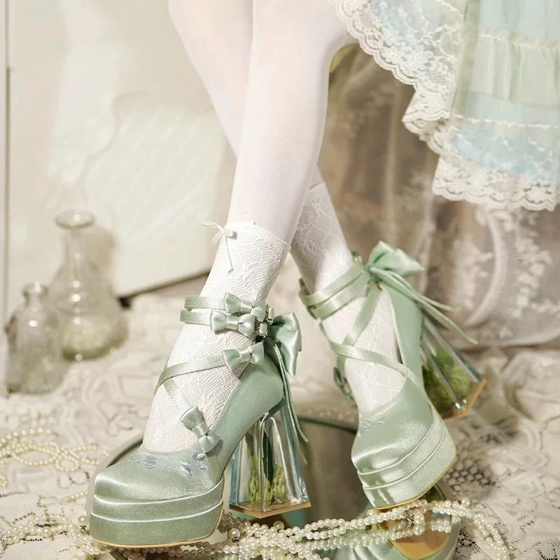 Kawaii 2025 nouveau Original Lolita talons hauts douce fille Satin nœud ruban élégant Mary Jane chau