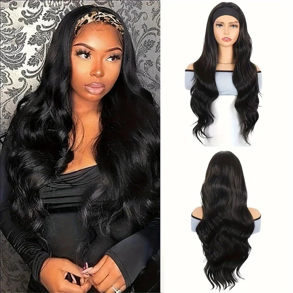28 pouces bandeau perruque noir résistant à la chaleur cheveux synthétiques femmes bandeau perruque 
