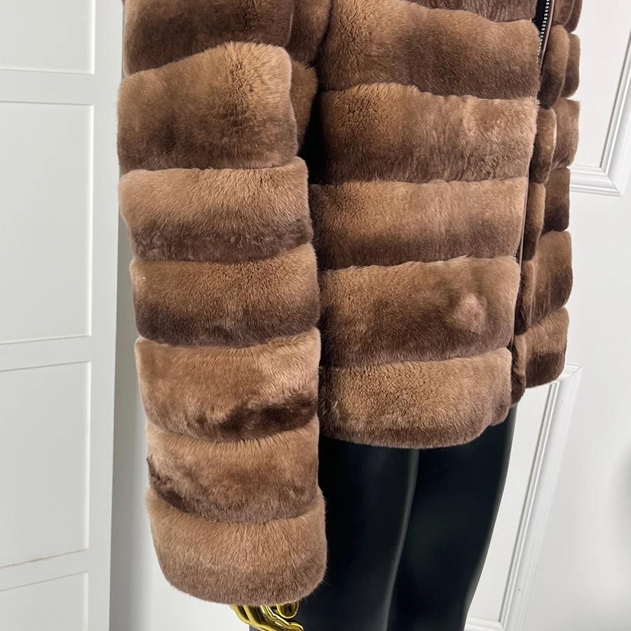 Veste en fourrure de lapin Rex véritable avec fermeture éclair, manteau en fourrure de chinchilla av