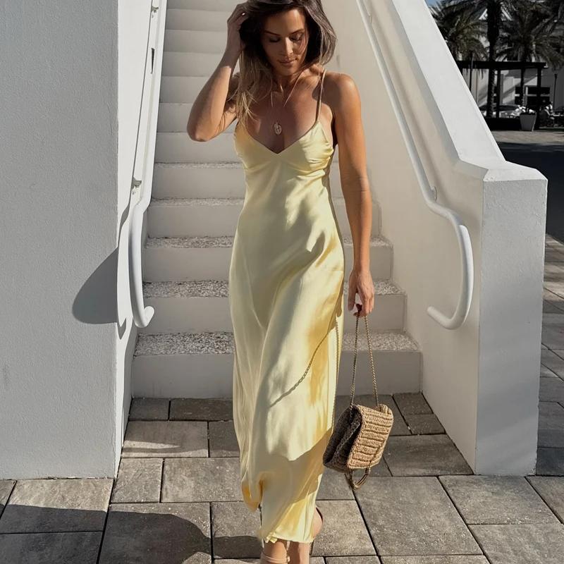 HXAO robes jaunes femmes Satin col en V robe mi-longue été dos nu sangle robes de soirée élégante ro