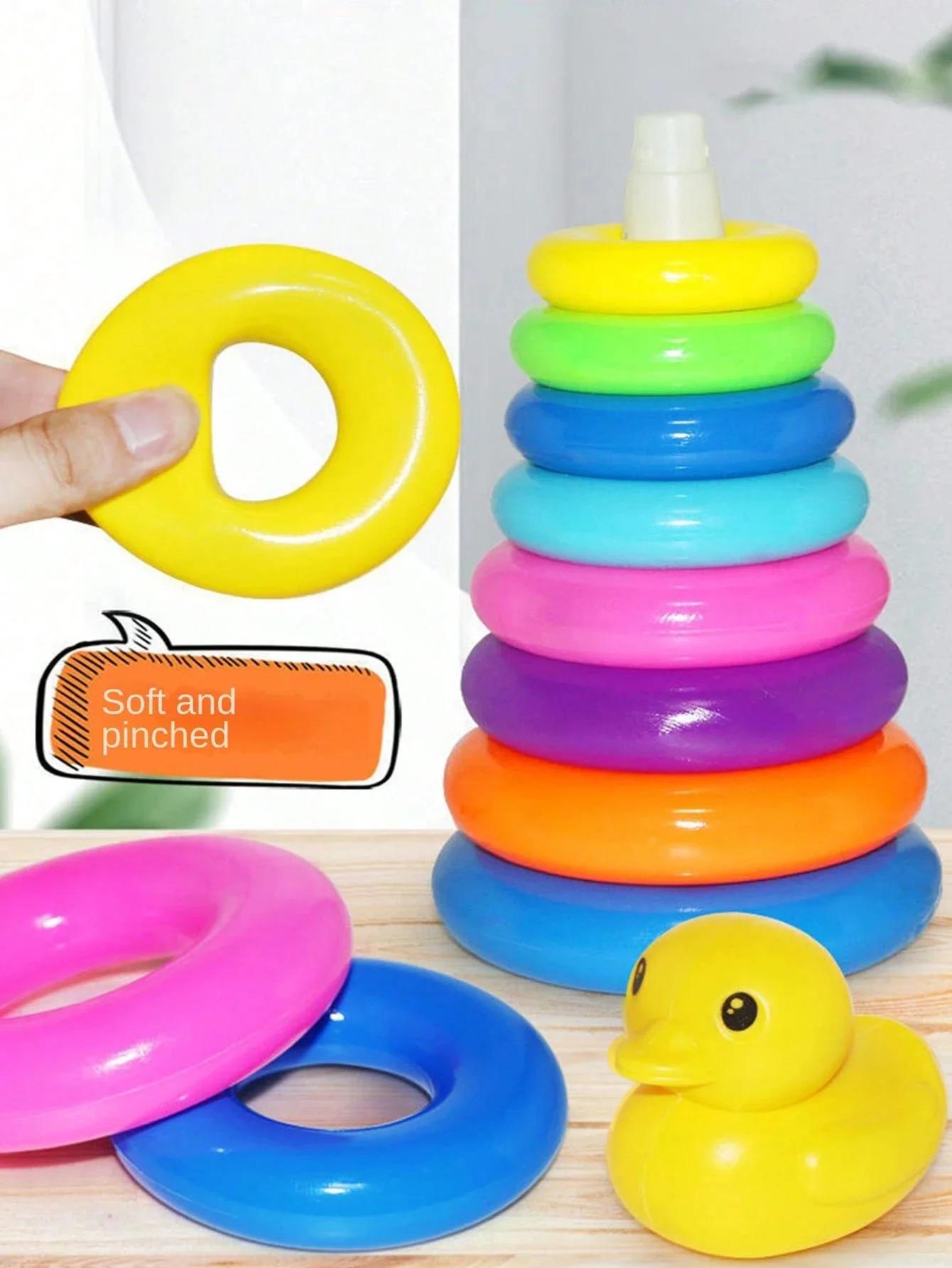 Canard jaune arc-en-ciel tour empilé cercle jouet en plastique arc-en-ciel cercle jouet cercle lance