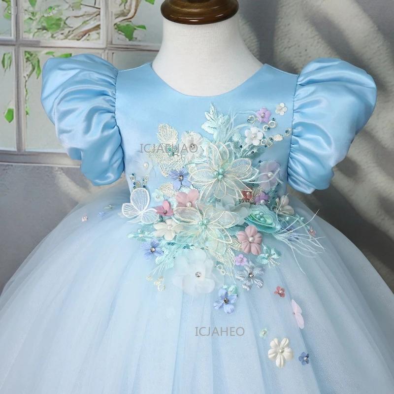 Nouvelle Robe de Princesse Bleue en Satin à Manches Bulles pour Enfants 2026 – Robe Bouffante pour A