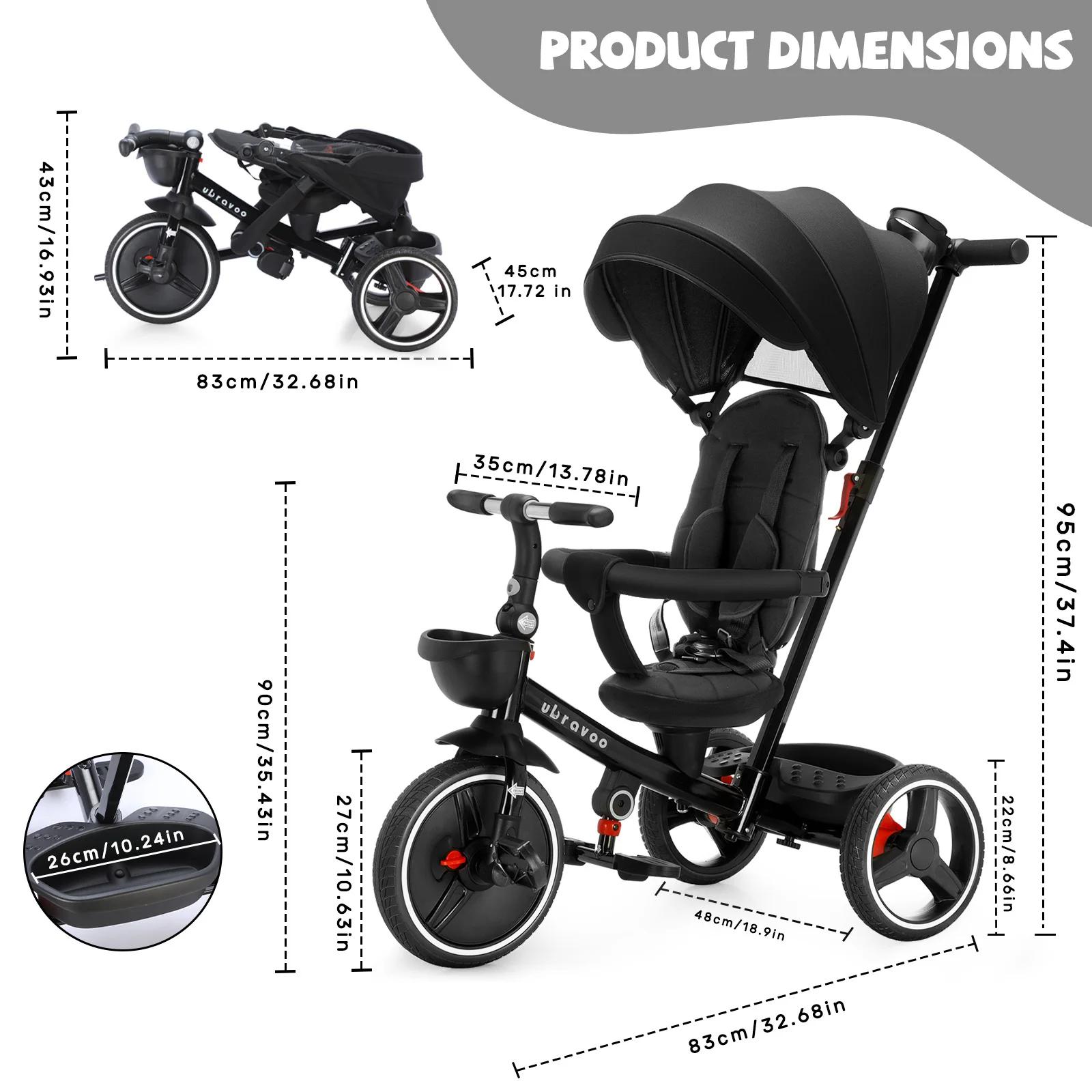 Tricycle pliable pour enfants avec poignée Parent réglable, freins de roue et capot amovible, Tricyc