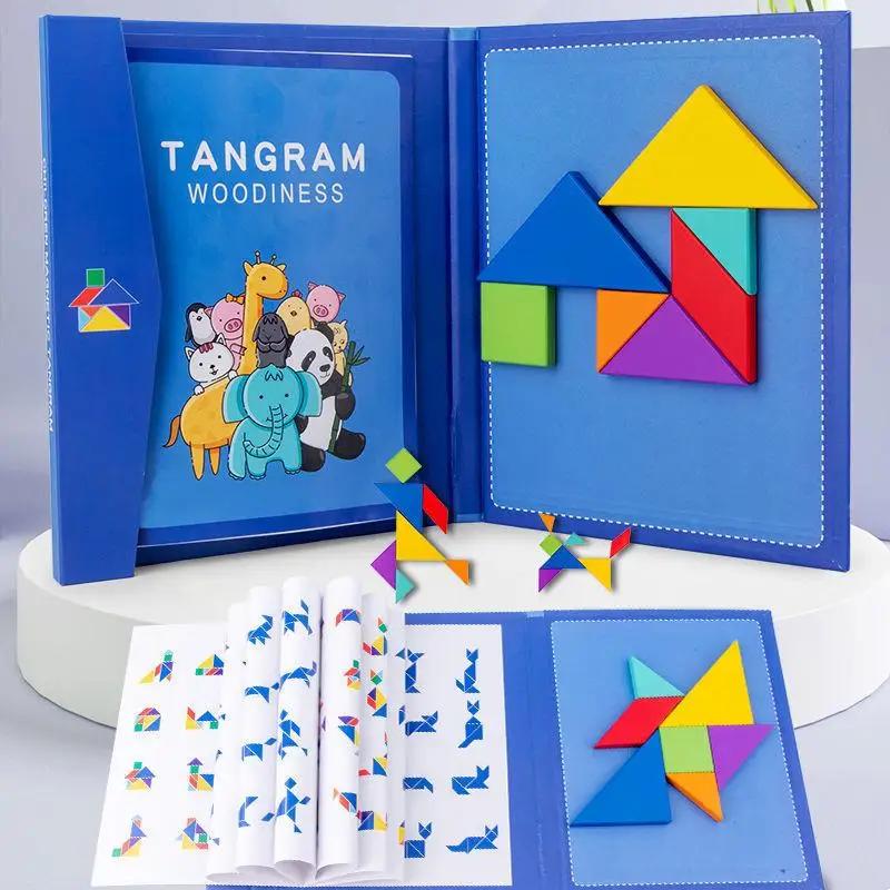 Puzzle en bois Tangram magnétique, livre, jouets éducatifs pour enfants, bébé enfant, Portable, appr