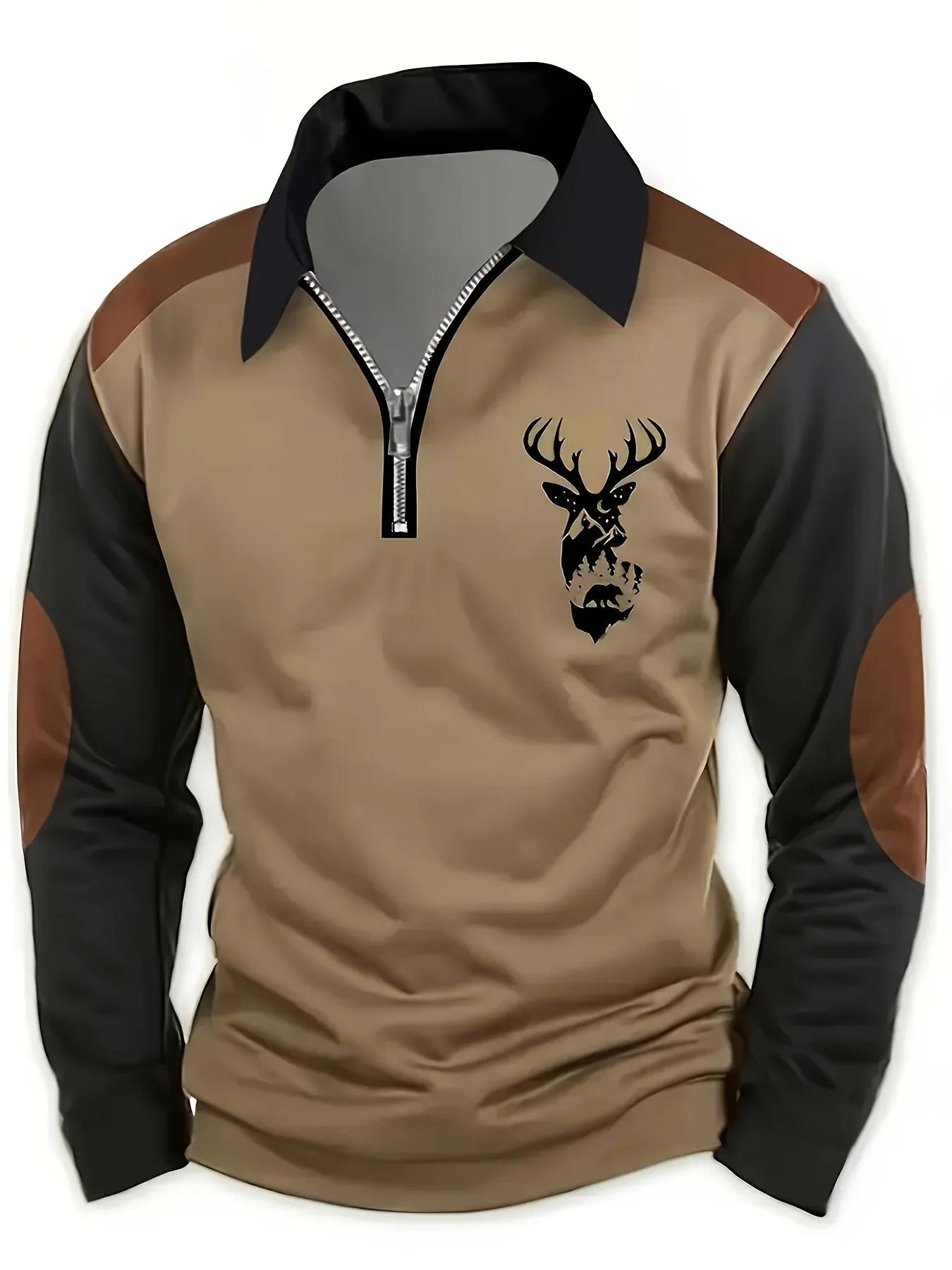 Polo de sport décontracté pour hommes, imprimé d'élan Simple en 3D, fermeture éclair, manches longue