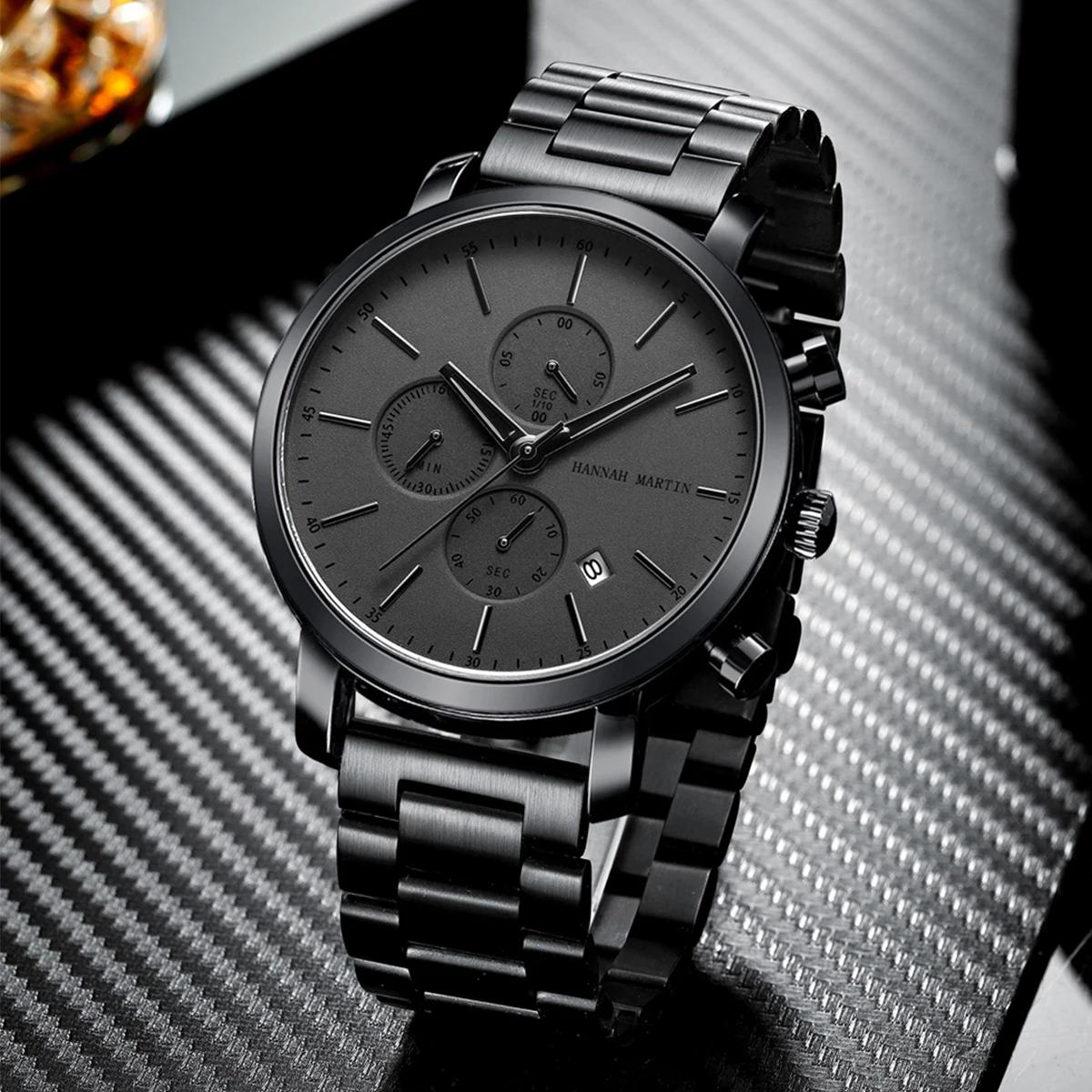 HANNAH MARTIN marque haut hommes montre noir en acier inoxydable mode étanche sport multifonctionnel