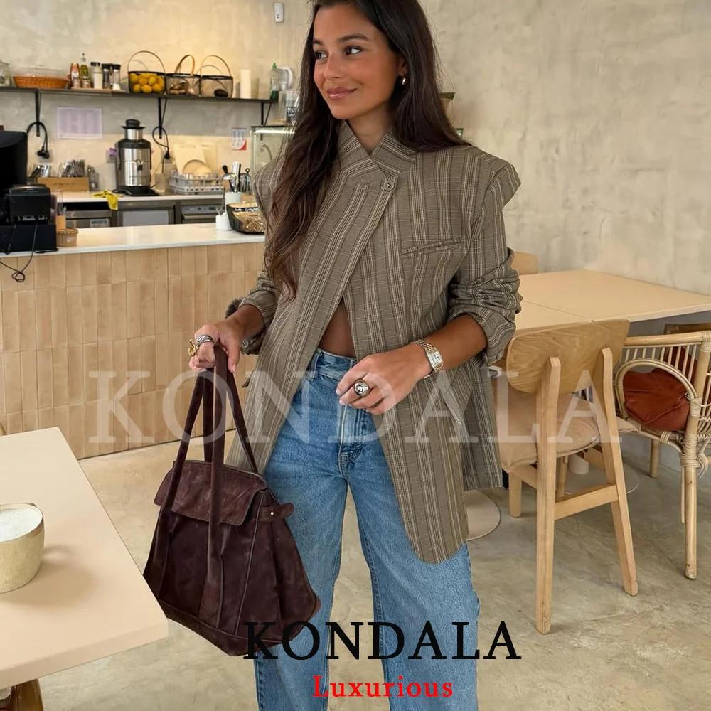 KONDALA Blazer Chic à Carreaux pour Femme, Coupe Oversize, Bouton Unique, Fente Avant, Tendance Prin