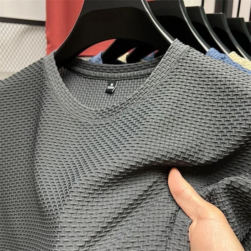 T-shirt d'été en maille et soie glacée pour hommes, manches courtes, col rond, demi-manches, fin, co