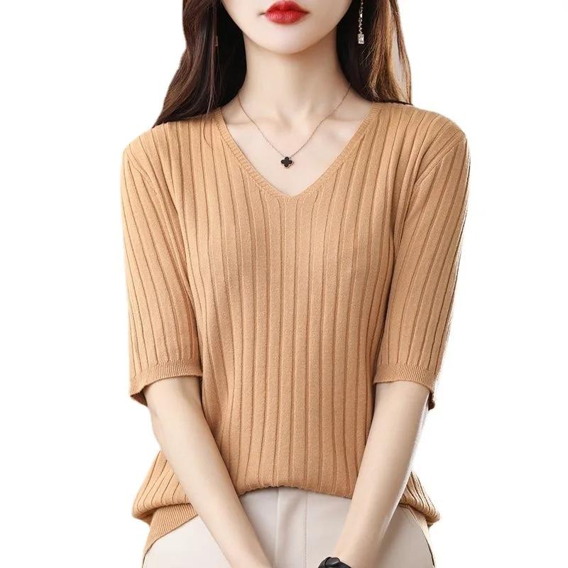 Pull tricoté en cachemire à manches courtes et col en v pour femme, pull de couleur unie, nouvelle c