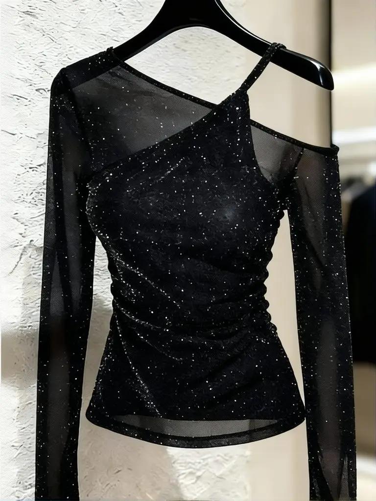 Nouveau haut de créateur pour femme, effet deux pièces, à sequins brillants, manches longues, épaule