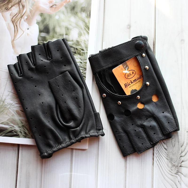 Gants de conduite demi-doigt en cuir pour femmes, évider à la mode, gants de moto minces, gants cour