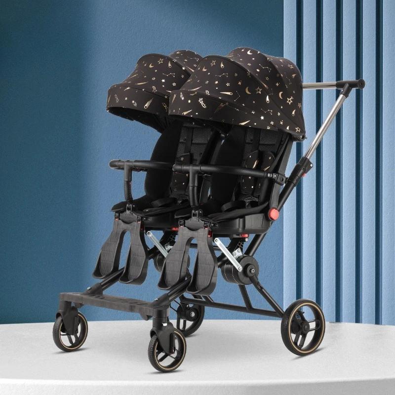 Poussette double réversible ‌   Cadre 4WD en acier au carbone avec auvent UV, landau pliable à une m