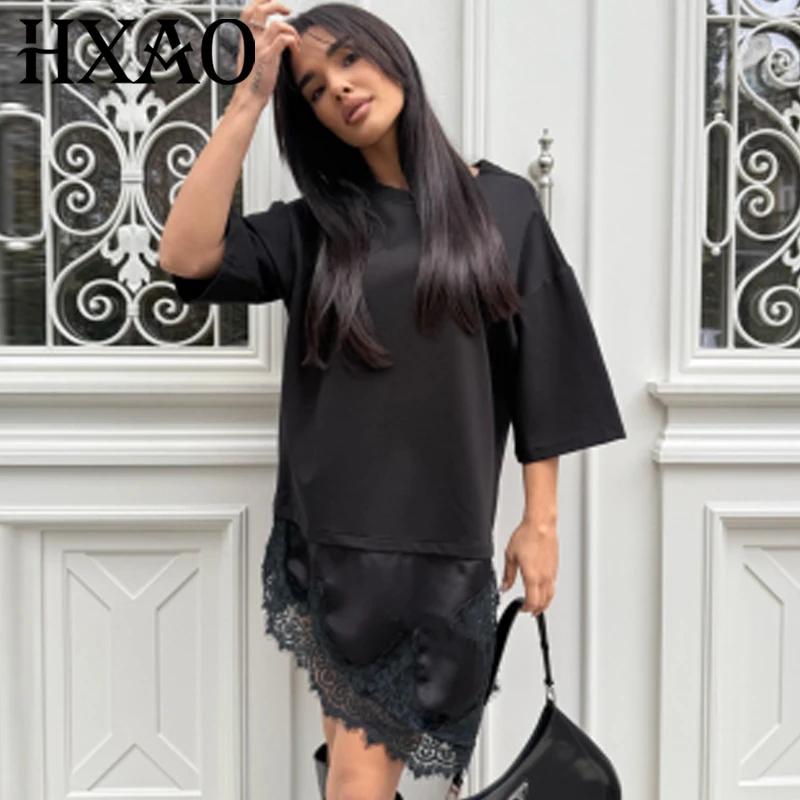 T-shirt en dentelle oversize HXAO pour femme, collection Printemps-Été 2026, style Y2K, blanc cassé,