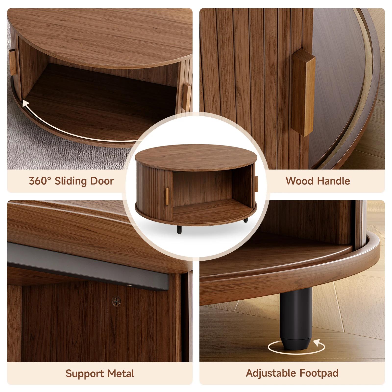 Table basse ronde avec rangement, table basse moderne de 31,5 po avec 360 °   Porte coulissante incu