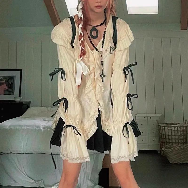 Chemise en dentelle esthétique, chemisiers irréguliers gothiques grunge, chemise bandage Harajuku, v