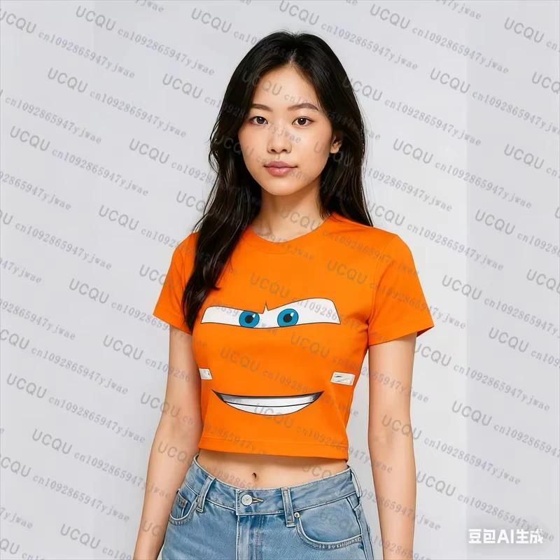 T-shirt court pour femme à imprimé Lightning McQueen Cars, manches courtes, style streetwear Y2K, co
