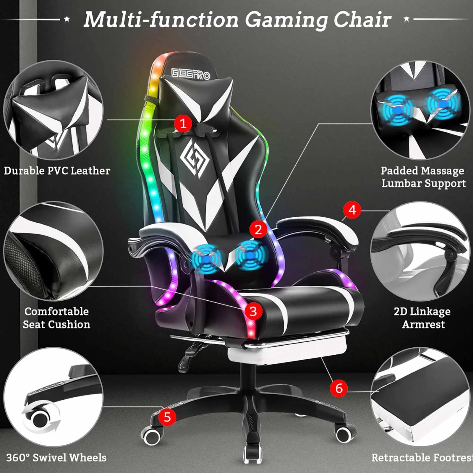 Chaise de jeu à 135 degrés, lumière RGB, chaise de bureau, haut-parleur Bluetooth, chaise d'ordinate