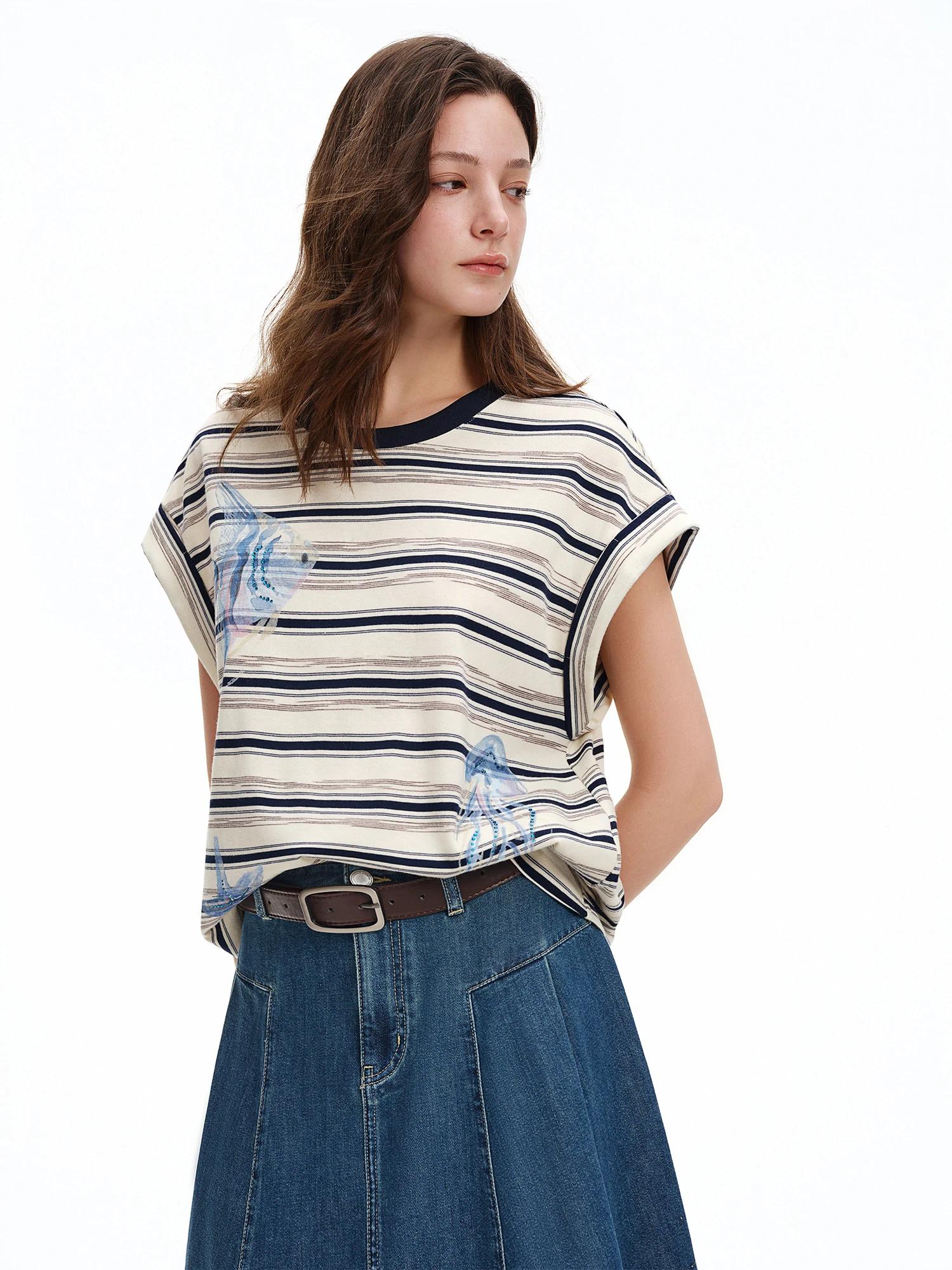 T-shirt DUSHU à manches raglan rayées imprimé océan et strass, col rond, coupe ample et confortable,