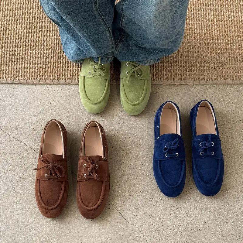 MORAZORA – mocassins en cuir suédé pour femmes, 3 couleurs, chaussures plates à lacets, bout rond, c