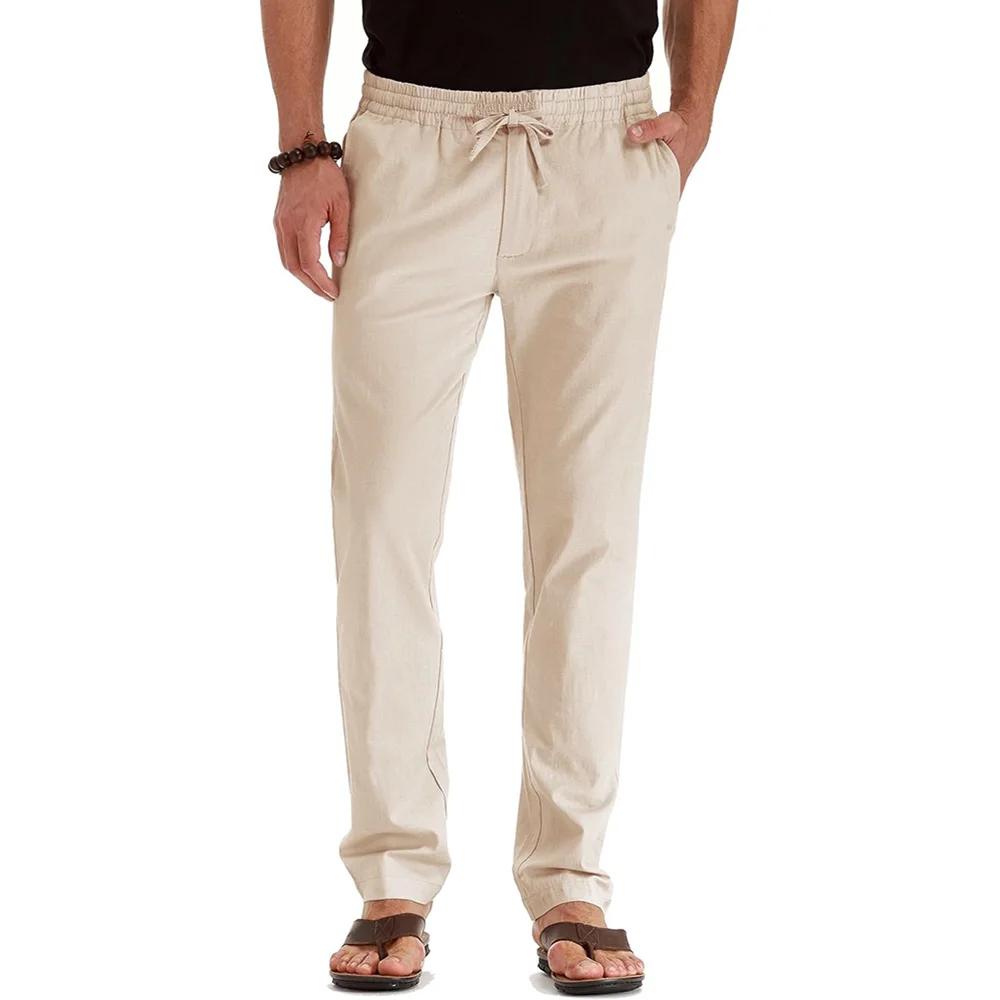 Pantalon Long en coton et lin pour hommes, décontracté, hawaïen, jambe droite, survêtement léger, no