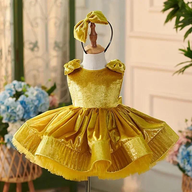Robe Courte Dorée pour Filles 2026 Nouvelle Collection Luxe Princesse Tenue Enfant Robes Formelles C