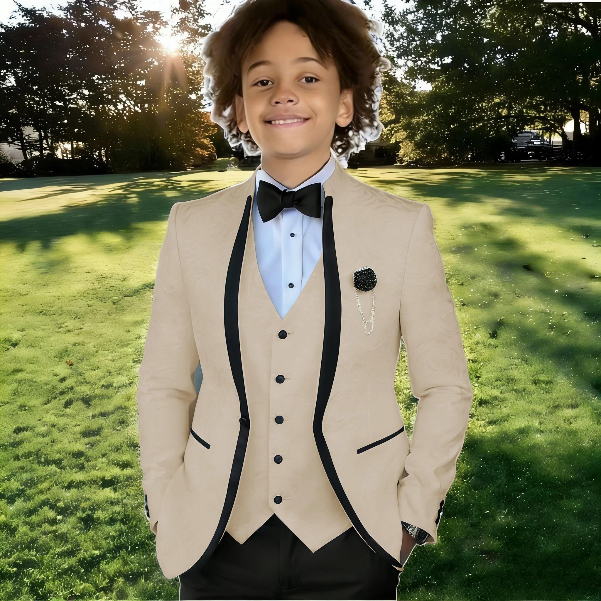 Costume Jacquard Blanc pour Garçon, Tenue de Cérémonie pour Mariage, Smoking à Col Montant, Vêtement