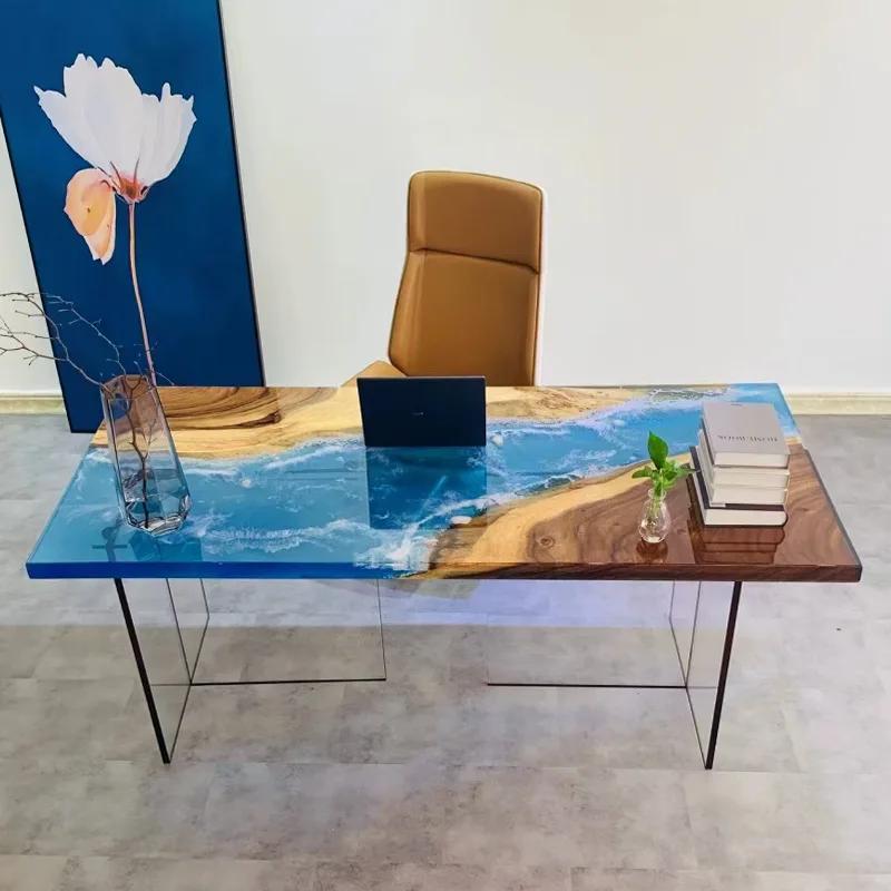 Table en résine époxy, grande planche en bois massif, fabricant de thé, thé, carré, café, rivière