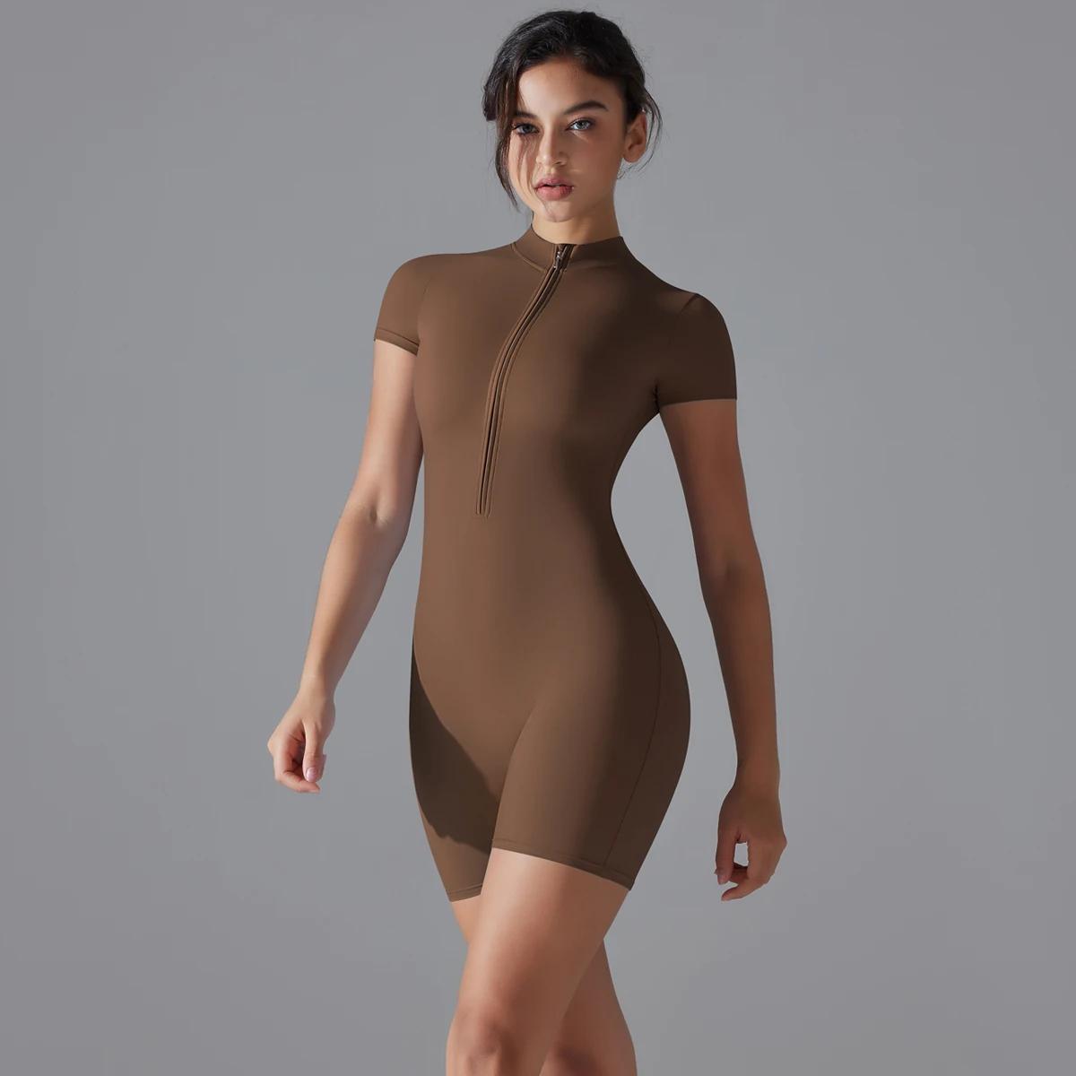 Ensemble de Yoga, combinaisons une pièce pour femmes, fermeture éclair, manches courtes, vêtements d