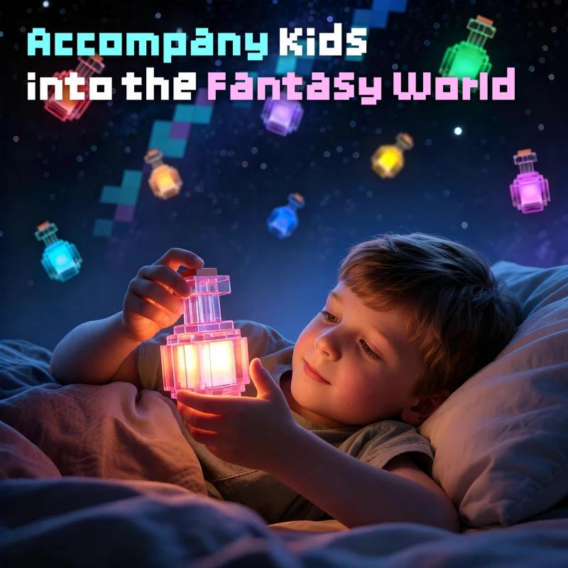 Lampe de nuit LED rechargeable en forme de bouteille de potion, 7 couleurs changeantes, style pixel,