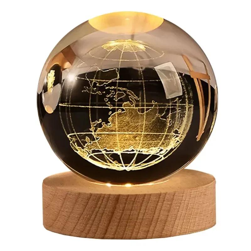 Boule de cristal 3D de 6cm, boule de verre planète terre, Base en bois, système solaire, galaxie, as