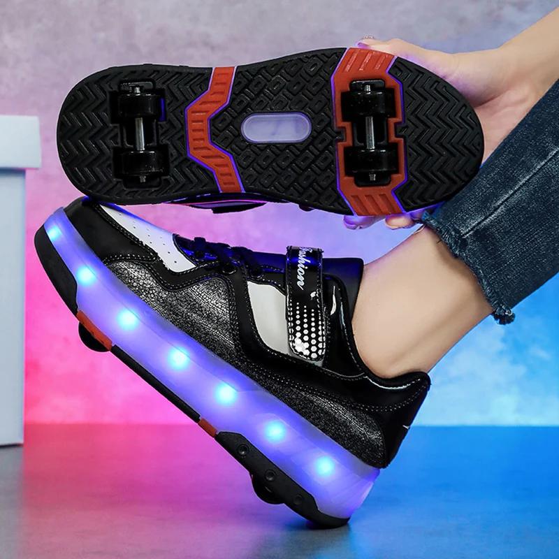 Chaussures de patin à roulettes LED pour enfants, baskets lumineuses rechargeables par USB avec 4 ro
