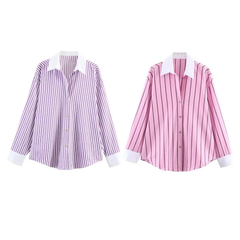Chemise Femme 2026 Nouvelle Collection Printemps-Été, Chemise Ample Rayée Rose à Poignets Contrastan