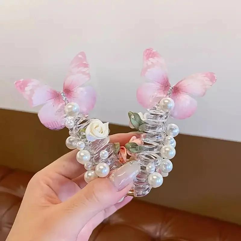 Bandeau papillon en maille pour filles, 2 pièces, mignon, rond, perle et Design Floral, parfait pour