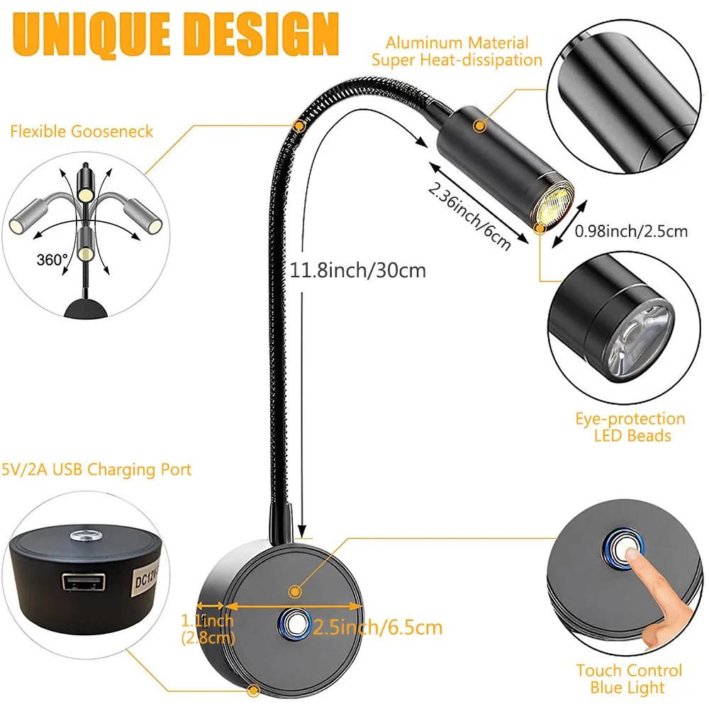 12-24V LED projecteur camping-car lampes de lecture col de cygne Flexible 3 couleurs Dimmable RV int
