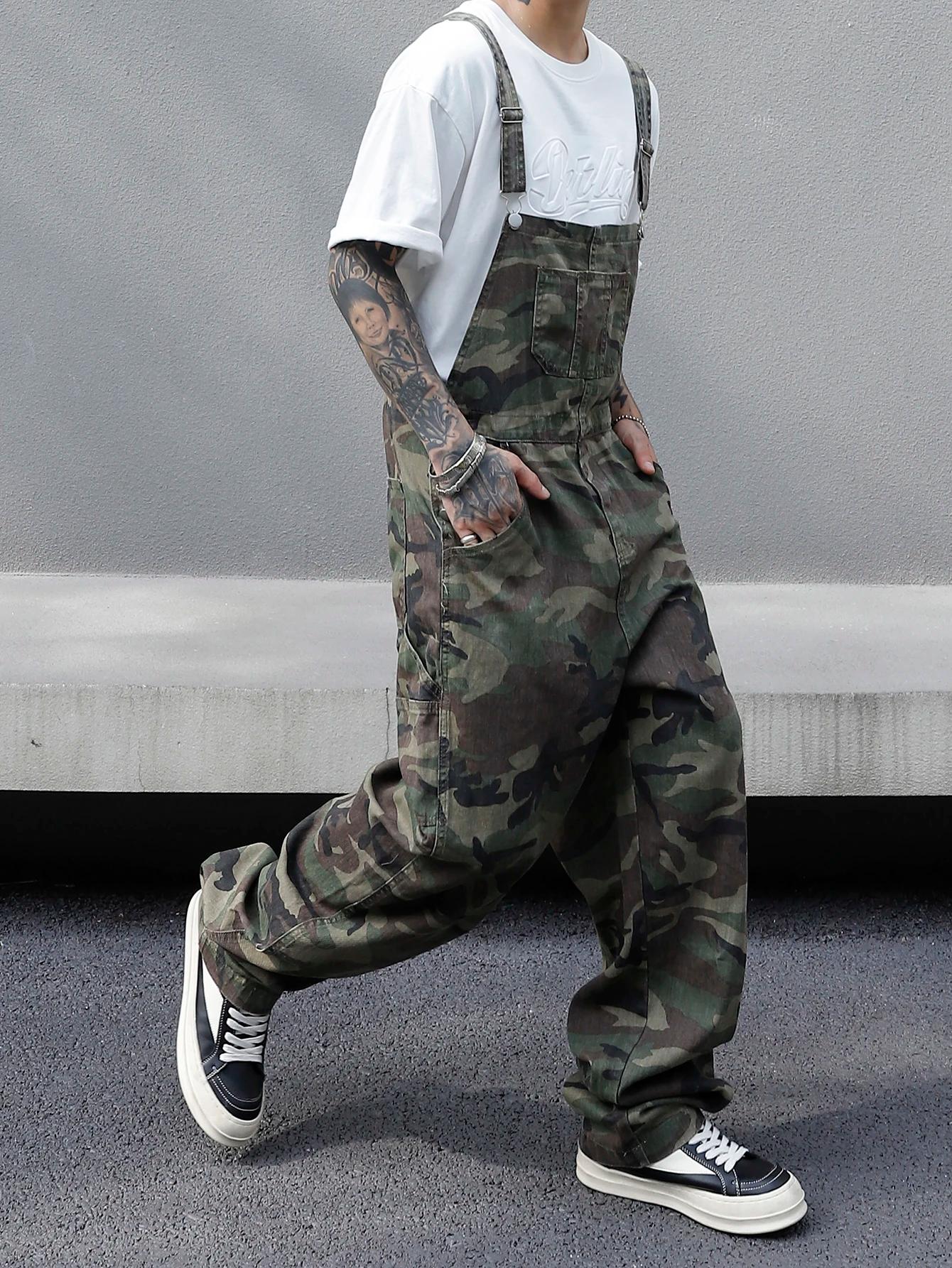 Salopette en jean imprimé camouflage multi-poches pour hommes – Coton, non élastique, lavable en mac