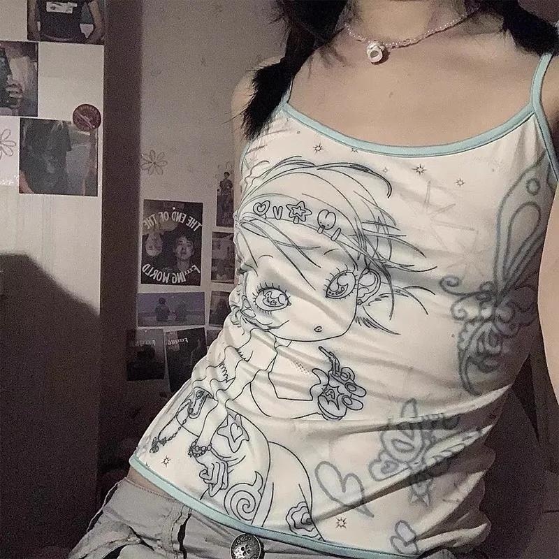 Karr233 Y2k Aesthetics Cami Top, Fairycore Anime Print Camisole, Kawaii Crop Top, Japanese Harajuku 