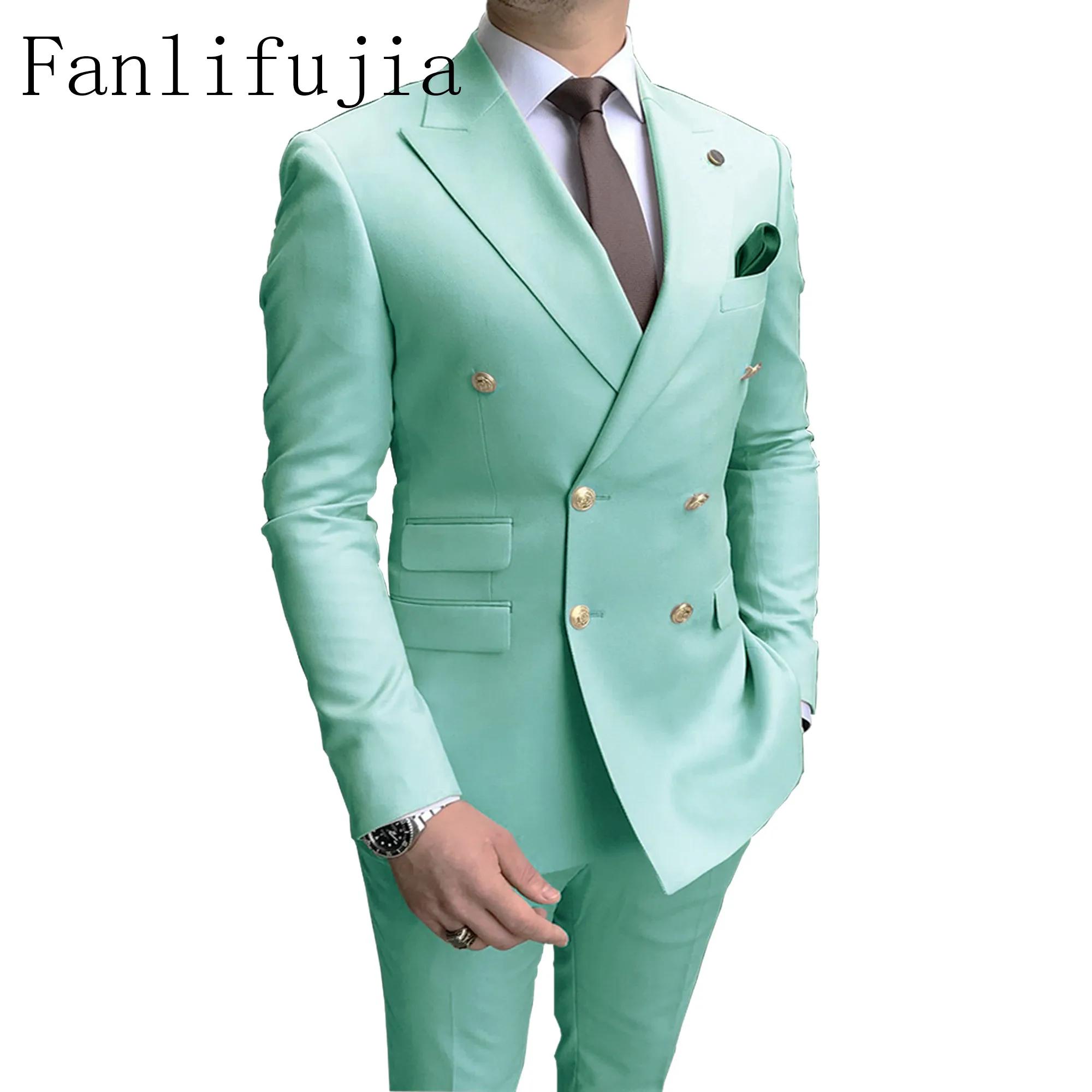 Fanlifujia – Costume deux pièces rose à Double boutonnage pour hommes, coupe cintrée, Costume de mar