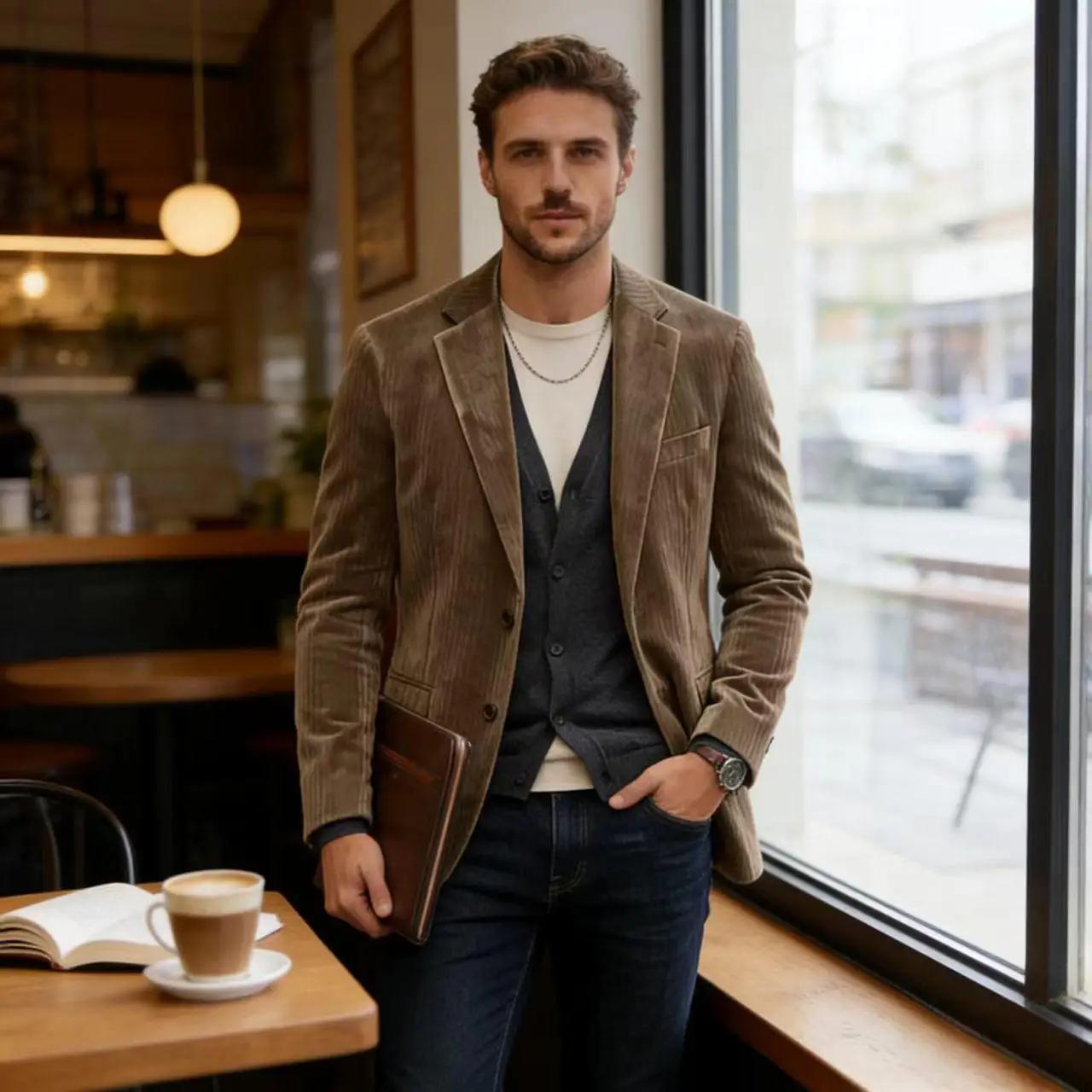 Blazer en velours côtelé pour homme, décontracté, double face, en coton, coupe ajustée, revers crant