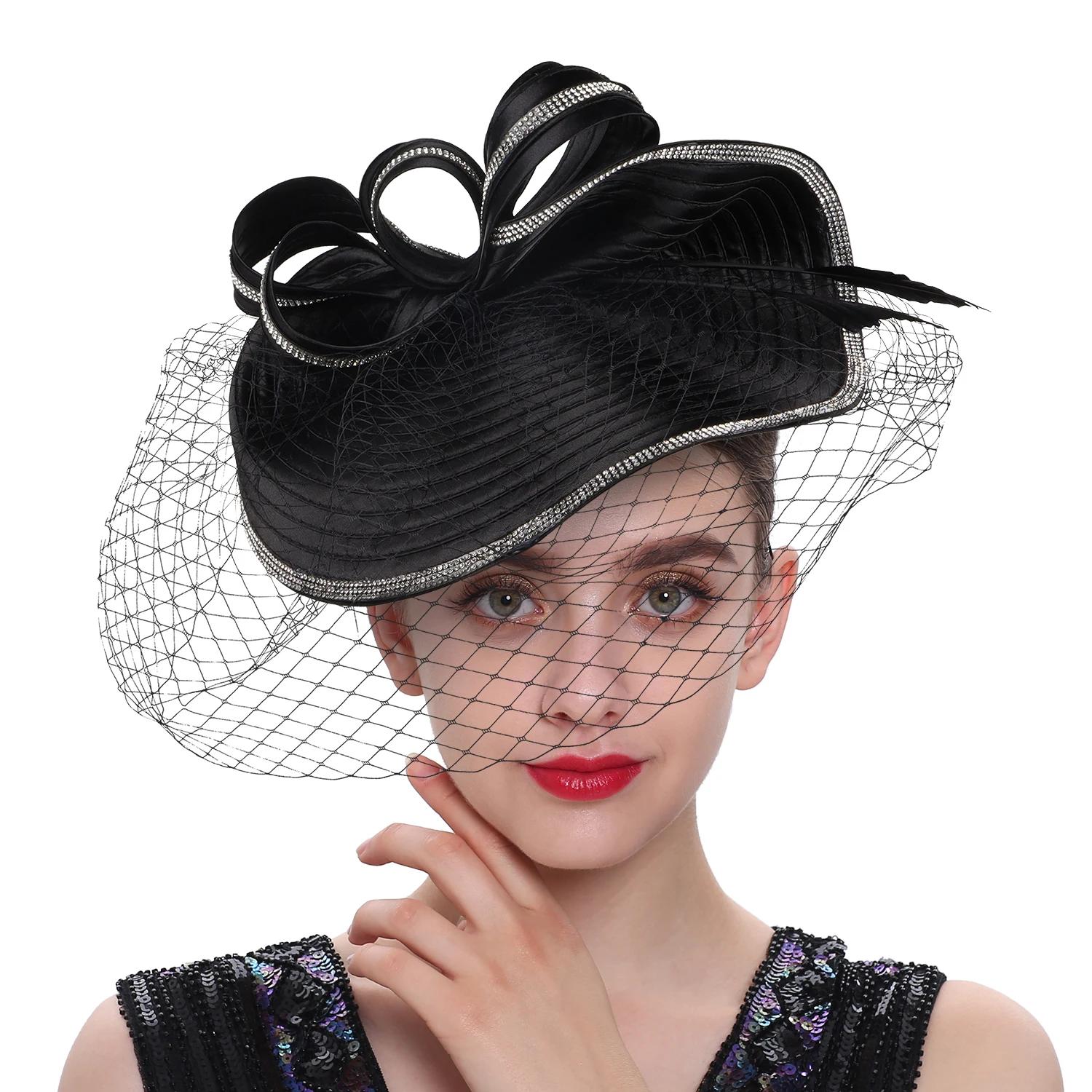 Chapeaux Derby élégants pour femmes, avec bandeau en voile, chapeau de fête de thé, strass, fascinat