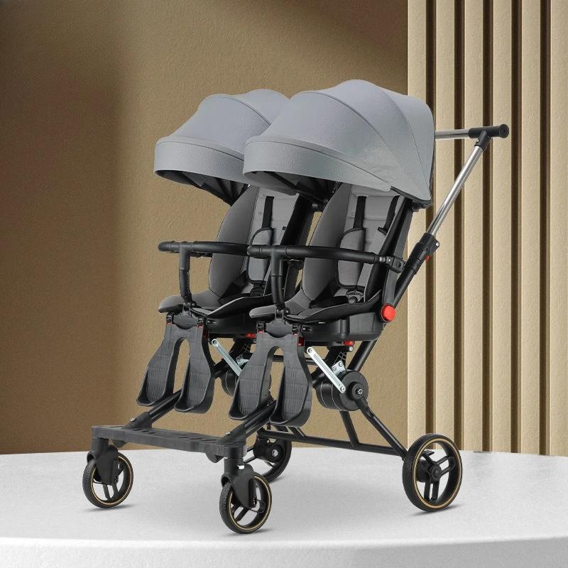 Poussette double réversible ‌   Cadre 4WD en acier au carbone avec auvent UV, landau pliable à une m