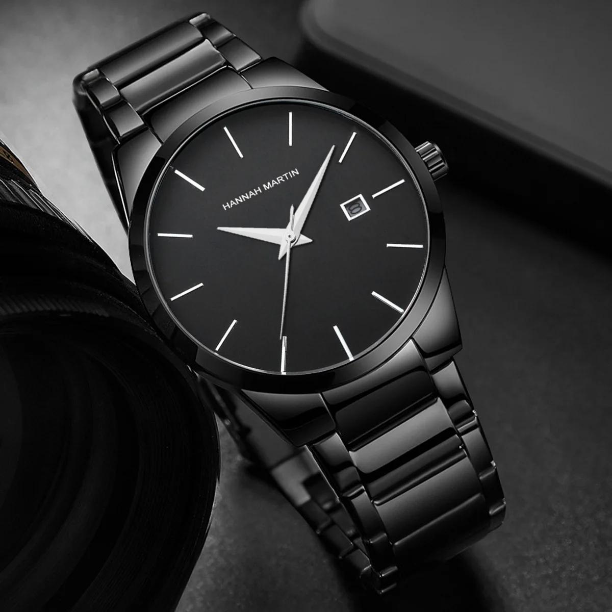 Hannah Martin montre en acier inoxydable pour hommes mode affaires Style noir Style minimaliste 3Bar
