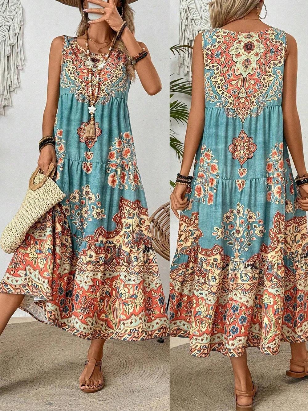 Robe d'été sans manches à col rond imprimée pour femmes, adaptée aux vêtements décontractés ou de pl