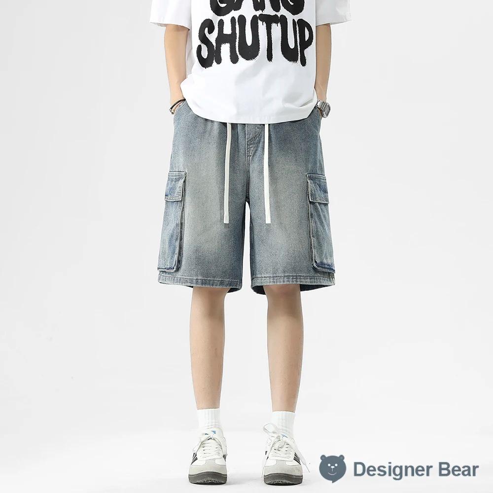 Shorts en jean décontractés pour homme, coupe droite, taille élastique, délavés, style cargo, mi-lon